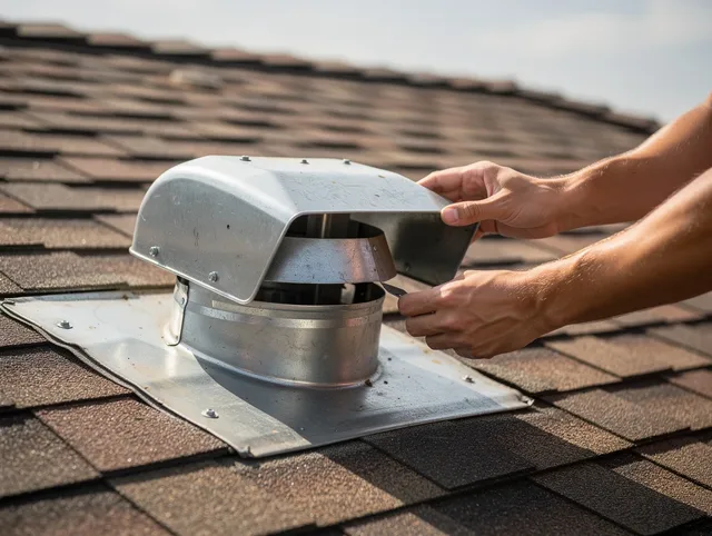 Montville Dryer Vent Cleaning certified technician safely cleaning a roof-mounted dryer vent in Montville