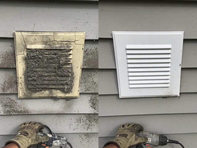Montville Dryer Vent Cleaning technician installing high-quality dryer vent cover at a residential property in Montville