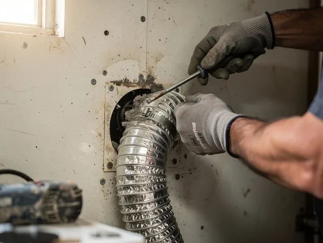 Montville Dryer Vent Cleaning technician performing precise dryer vent hose installation in Montville